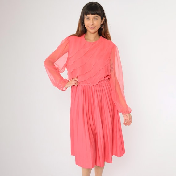 Vintage 80s Coral Pink Chiffon Dress Sheer Puff Sleeves Tiered Ruffled Bodice Pleated Skirt 1980s Formal Party Midi Large L
