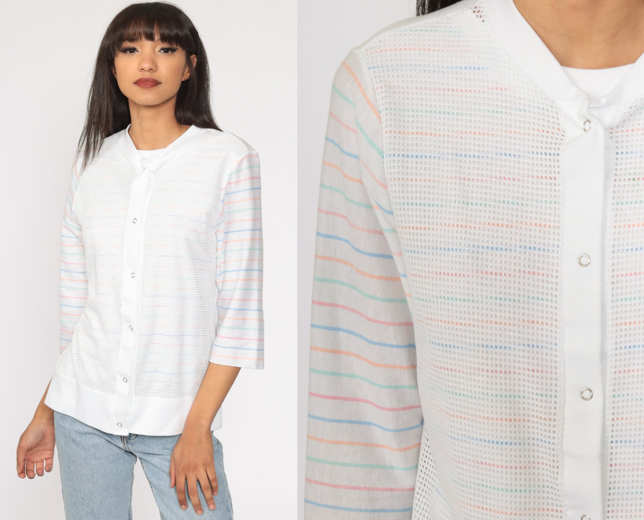 White Striped Shirt 80s Mesh Shirt 3/4 