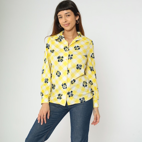 70s Checkered Floral Blouse Yellow Button up Shirt Flower Print Top Long Sleeve Collared Retro Hippie Boho Seventies Vintage 1970s Small