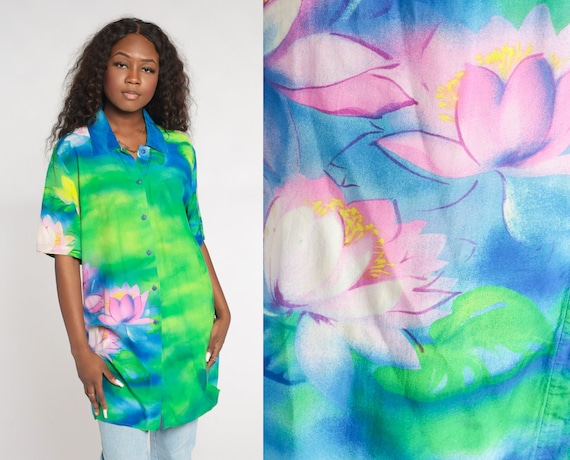 Water Lily Shirt Y2K Floral Button Up Top Bright Blue Green Pink Colorful Flower Print Short Sleeve Summer Blouse Vintage 00s Medium Large