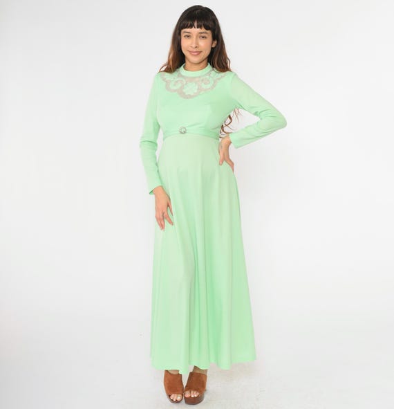 Vintage 70s Maxi Dress Mint Green Embroidered Mesh Yoke Rhinestone Buckle Long Sleeve Disco Bohemian High Waisted Formal Gown Cocktail Small