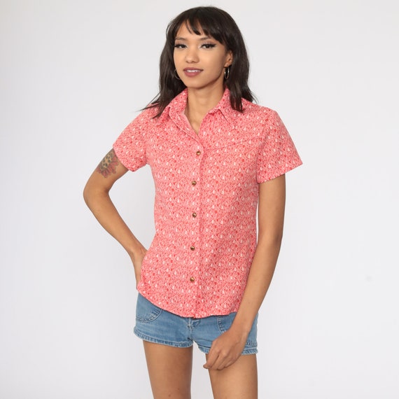 Orange Button Up Shirt 70s Blouse Dagger Collar Hippie Boho 1970s Shirt Disco Top Vintage Collared Western Yoke Short Sleeve Small