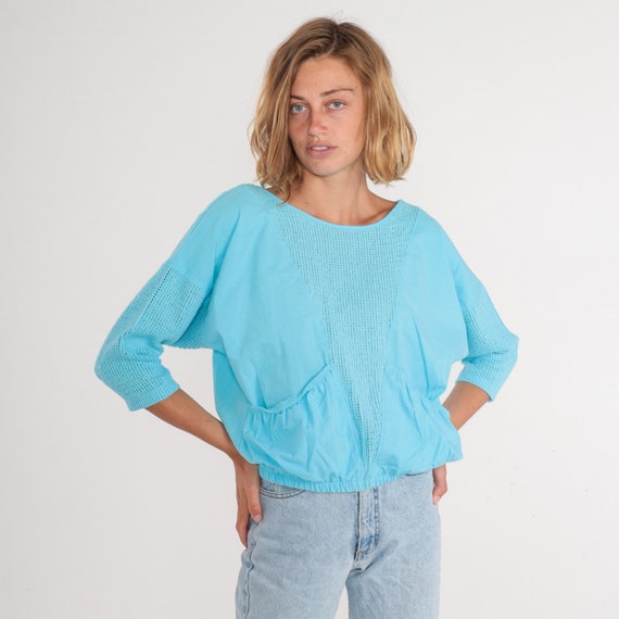 Blue Mesh Shirt 80s Sheer Top Slouchy Pocket Cutout Blouse 3/4 Sleeve Retro Summer Eighties Boho Festival Banded Hem Vintage 1980s Large L