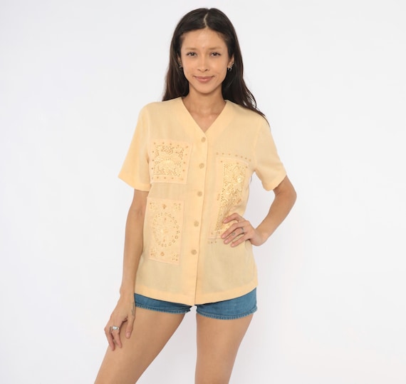 80s Cutwork Lace Blouse Alfred Dunner Embroidered Tan Floral Short Sleeve Top Cream Beige Summer Shirt Cottagecore Vintage Petite Small S