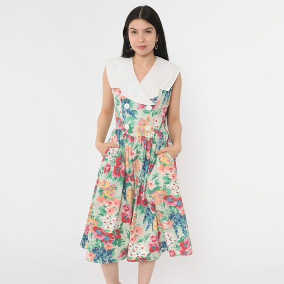 Vintage Bright Floral Sun Dress 80s Midi Retro High Waisted Sleeveless Double Breasted Button up Sundress Summer White Collar 1980s Small 6