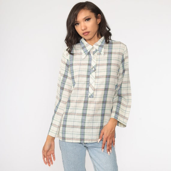 White Plaid Shirt 70s Shirt Button Up Checkered Print Preppy Dagger Collared 1970s Top Long Sleeve Vintage Large