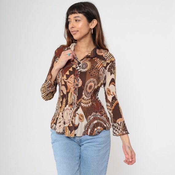 Y2K Button Up Blouse Brown Patchwork Geometric Shirt Pleated Shirt 00s Long Bell Sleeve Blouse Floral Top Vintage 2000s Medium