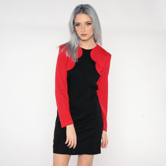 Color Block Dress Black Red Mini Dress 80s 90s Long Sleeve Party Dress Minidress Shift Vintage 1990s All That Jazz Retro Small S