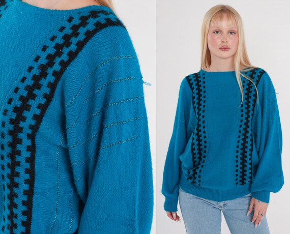 Blue Sweater 80s Metallic Knit Pullover Sweater Sparkly Balloon