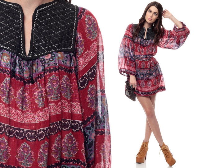 Indian Gauze Dress Hippie Boho Cotton ETHNIC India METALLIC Red Sheer