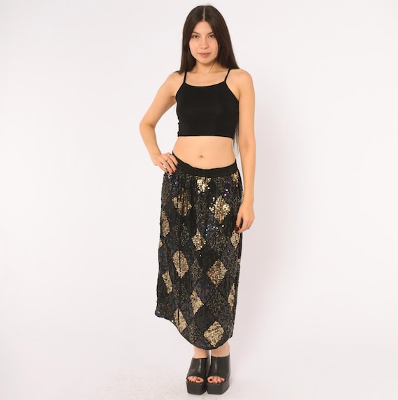 90s Sequin Midi Skirt Black Gold Silk Beaded Diamond Harlequin Party Disco Evening Cocktail Sparkly Holiday New Years Vintage Medium M