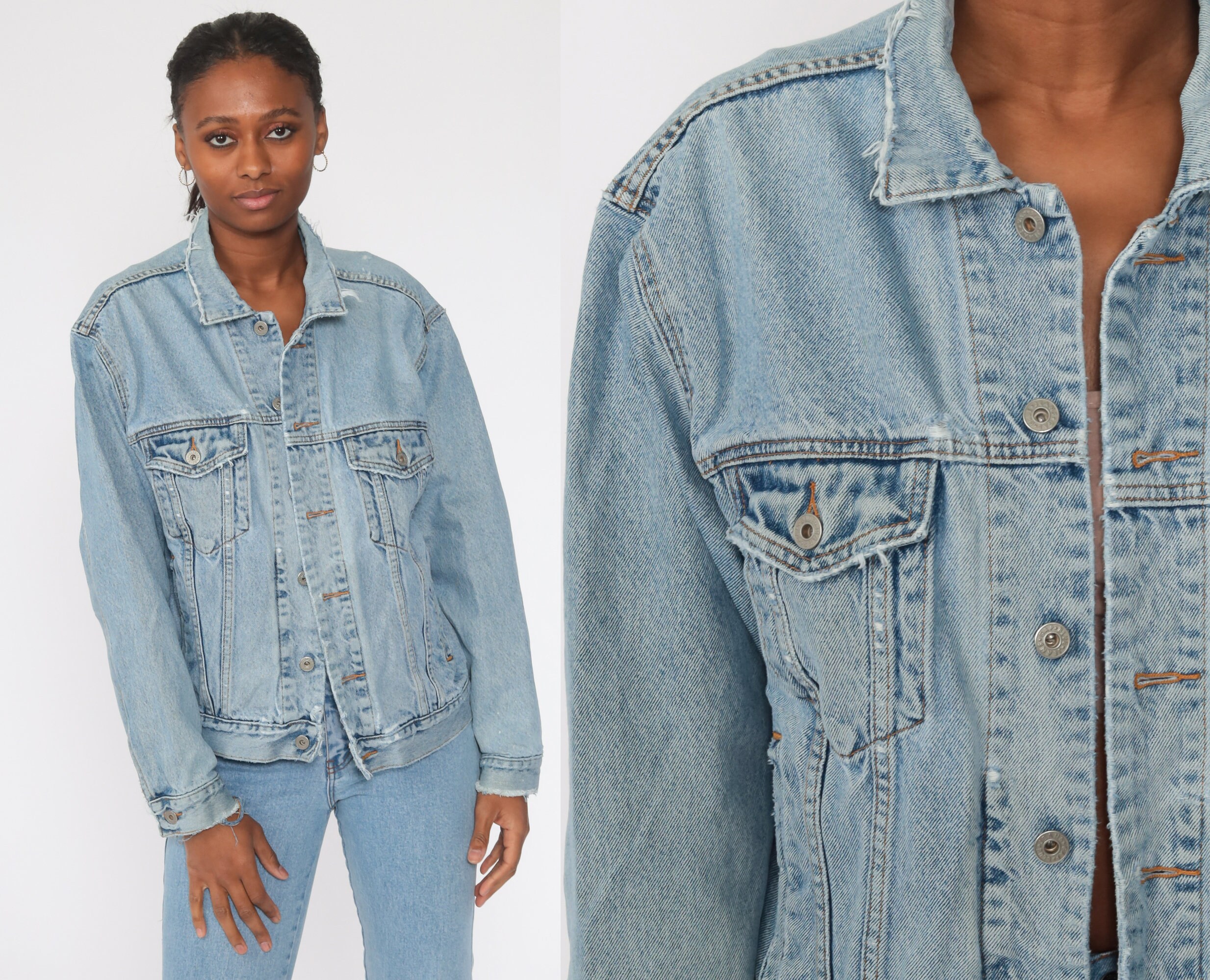 Vintage Womens Light Blue Loose Fit Denim Casual Jacket Long-Sleeve Jean Style