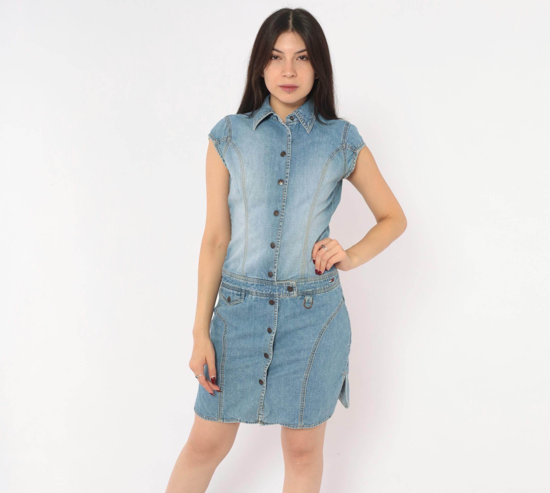 jean dress 2000s Tommy Jeans Denim Snap Button Front Sleeveless Mini Collared Cap Sleeve Cotton Blue Fitted Waist Light Wash Vintage Small S English Violet KissProm Charming Mermaid Cowl Size:Custom Size - Free!