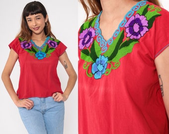 Mexican Embroidered Top Blouse 90s Red Floral Blouse Peasant V Neck Hippie Short Sleeve Shirt Summer Boho Vintage 1990s Small Medium