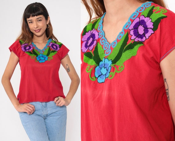 Mexican Embroidered Top Blouse 90s Red Floral Blouse Peasant V Neck Hippie Short Sleeve Shirt Summer Boho Vintage 1990s Small Medium