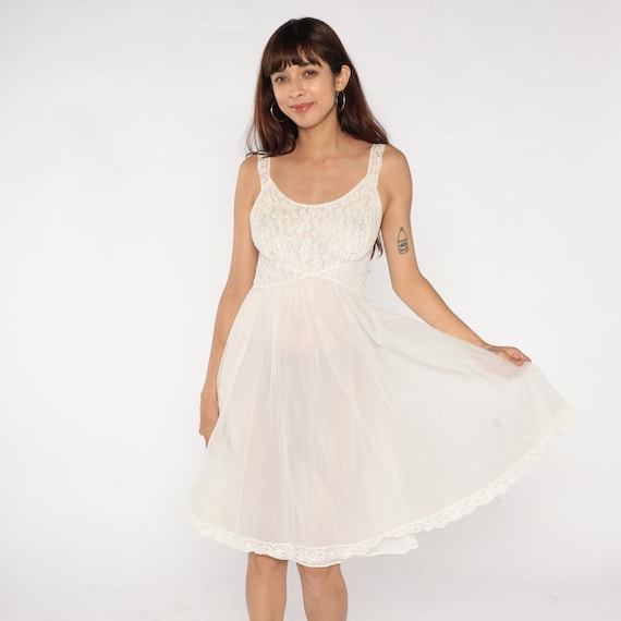 Vintage 70s Vanity Fair Nightgown 34 -- White Lace Slip Dress Midi Lingerie 1970s Pin Up Filmy Nylon Nightgown Pinup High Waist Small S