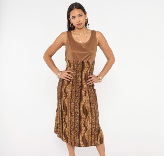 90s Bohemian Dress Brown Tan Sleeveless Empire Waist Vertical Stripe Ethnic Pattern Hippie Summer Chocolate Earthy Neutral Vintage Small S