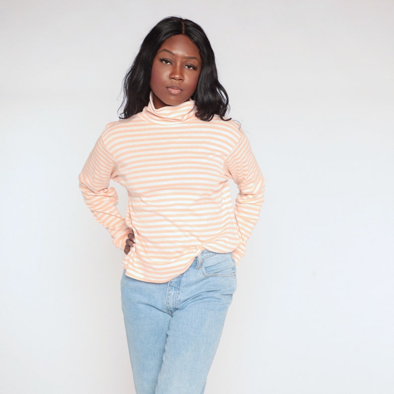 Striped Turtleneck Shirt 80s Long Sleeve Top Retro Basic Hipster Turtle Neck Pullover Simple Casual Blouse White Peach Vintage 1980s Large L image 3
