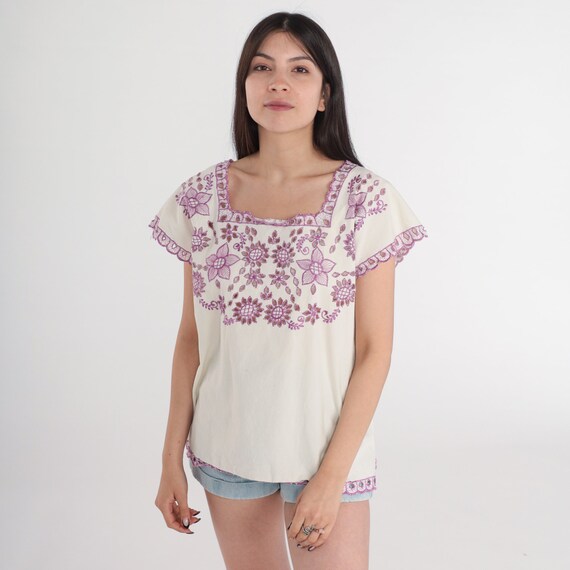 Embroidered Cutout Blouse White Purple Cutwork Blouse Floral Eyelet Cut Out Top 90s Short Sleeve 1990s Boho Hippie Bohemian Medium