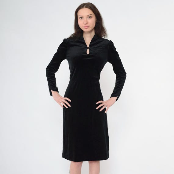 Vintage Black Velour Dress 80s Keyhole Neck Midi Length Fitted Long Sleeve Soft Stretch Bodycon 1980s Cocktail Evening Small S