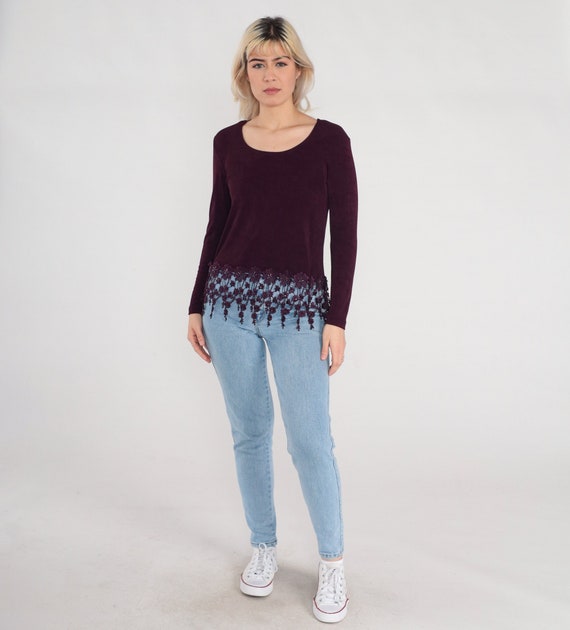 Dark Maroon Blouse 90s Floral Crochet Lace Trim Top Long Sleeve Shirt Purple Boho Hippie Fringe Scoop Neck Bohemian Vintage 1990s Small S