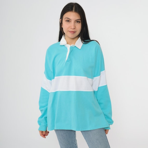 80s Rugby Shirt Vintage Turquoise White Striped Pullover Long Sleeve Polo Collar Oversized Preppy Sportswear Classic Top XL Extra Large