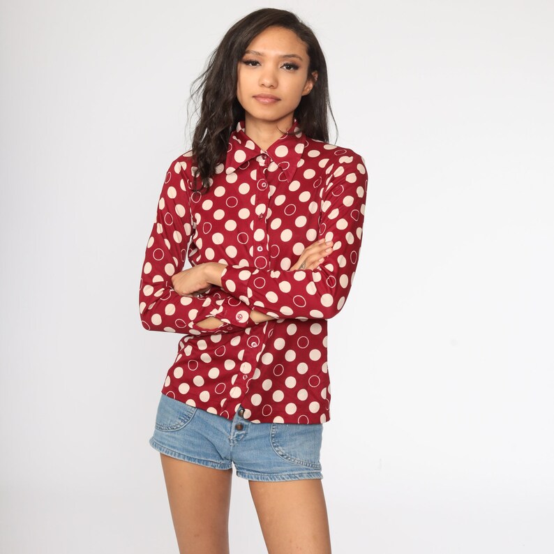 Polka Dot Shirt 70s Dagger Collar Top Button Up Shirt Dark Red Blouse Boho Disco 1970s Collared Nerd Geek Vintage Long Sleeve Small