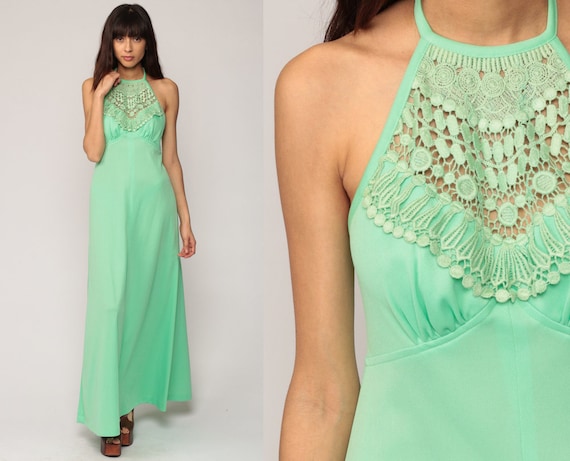 70s Boho Dress CROCHET Lace Maxi Bohemian Halter Neck Mint Green Grecian Gown 1970s Festival Vintage Hippie Empire Waist Summer Medium