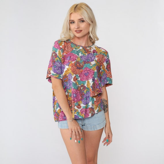 Paisley Floral Blouse 90s Blouse Short Sleeve Top Boho 1990s Vintage Bohemian Rayon Pink Purple White Silky Small