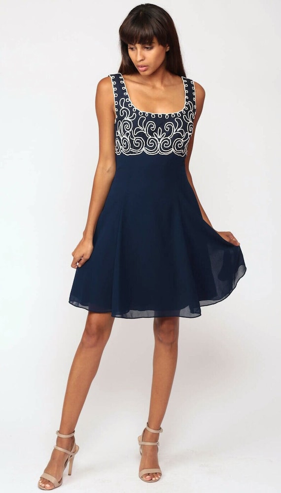 90s Party Dress 90s Babydoll Mini Dark Blue Romantic Boho Floaty Chiffon Sleeveless Vintage 1990s Bohemian Grunge Small 4