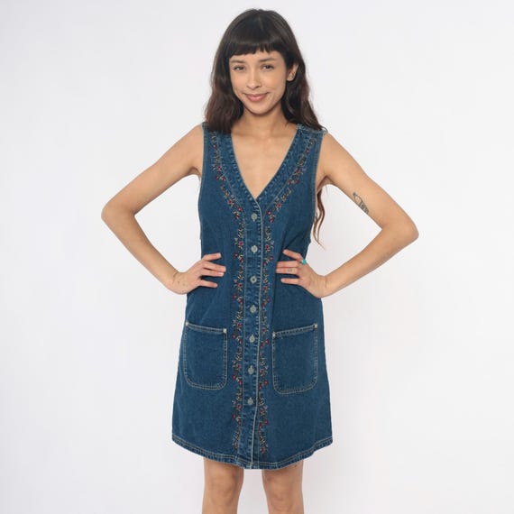 90s Denim Dress Embroidered Floral Mini Sleeveless Pockets Vintage Blue Medium Wash Casual Summer Jean Cottagecore Prairie Hippie Small S