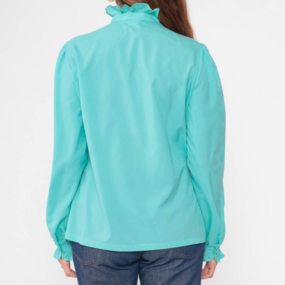 Turquoise Ruffled Blouse 70s Puff Sleeve Shirt Bu… - image 7