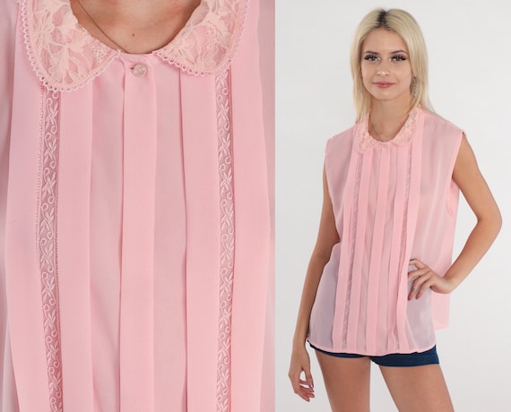Pink Button Up Blouse 80s Lace Peter Pan Collar Shirt Sleeveless Top Collared Shirt Retro Pleated Plain Secretary Top Vintage 1980s Medium