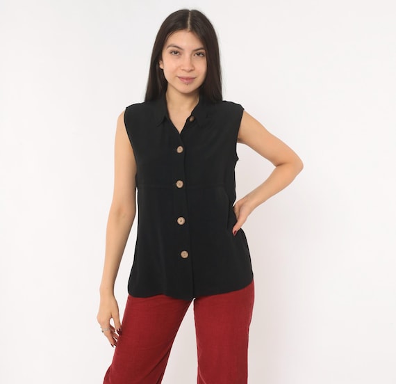90s Black Sleeveless Blouse Button Front Collared Shirt Minimal Top Jet Vest Style Office Wear Vintage Professional Tank Medium M
