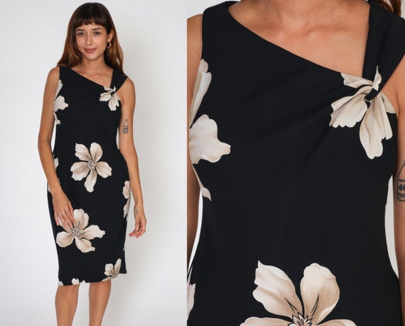 Black Floral Dress 90s Midi Dress Asymmetrical Neckline Sleeveless Sundress Boho Garden Party Knee Length Sun Day Vintage 1990s Large L 12