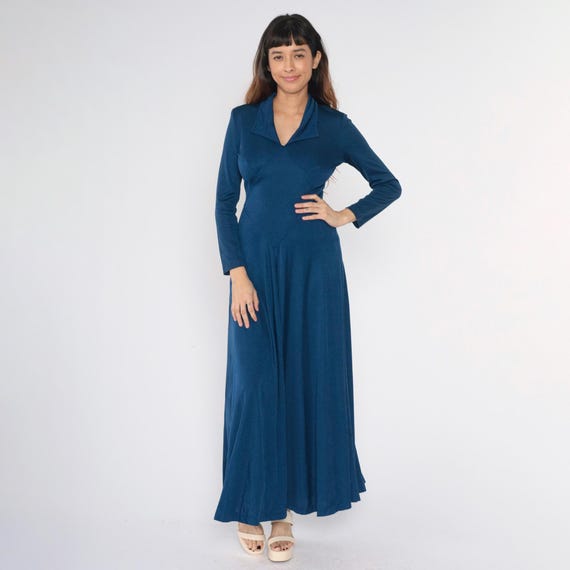 Vintage 70s Navy Maxi Dress Full-Length Fit and Flare Boho Disco Retro Long Sleeve Gown Diamond Waist Bohemian 1970s Evening Small Medium