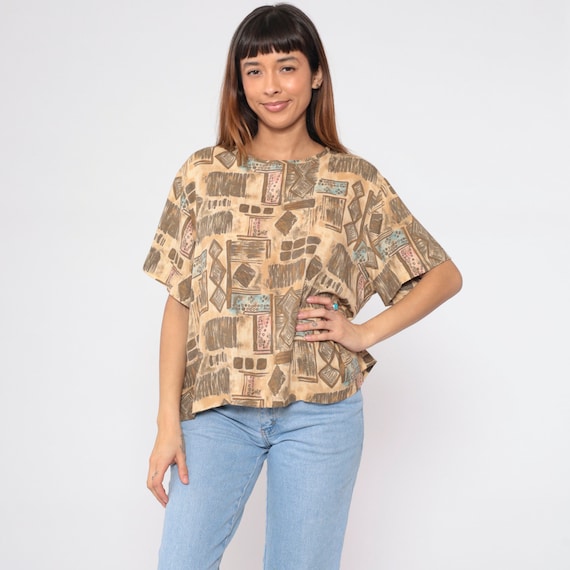 Geometric Top 90s Boho Blouse Short Sleeve Shirt Tan Brown Abstract Diamond Print Retro Bohemian Grunge Summer Vintage 1990s Extra Large xl