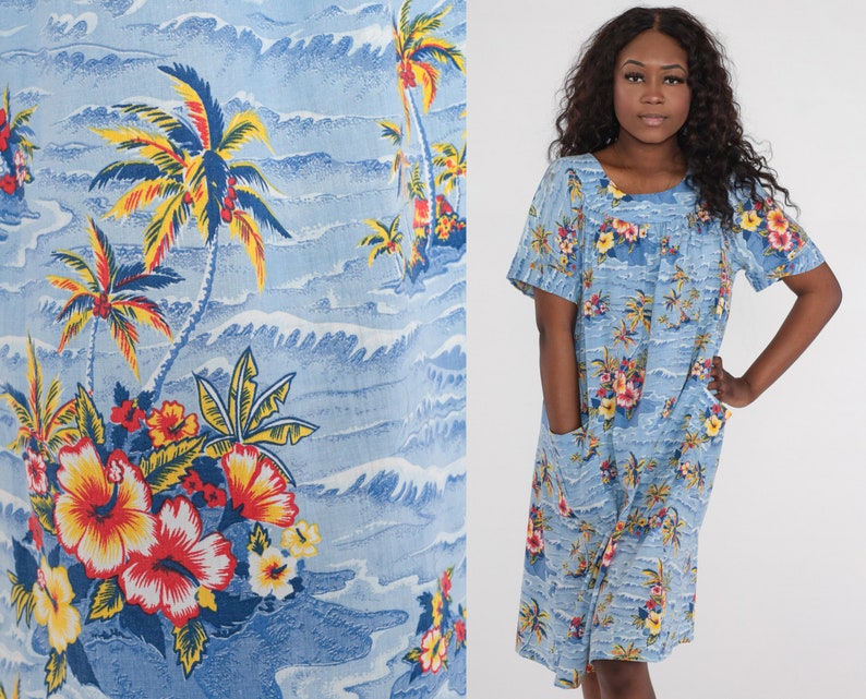 70s Hawaiian Dress Blue Floral Midi Dress Palm Tree Tent Dress Hippie ...