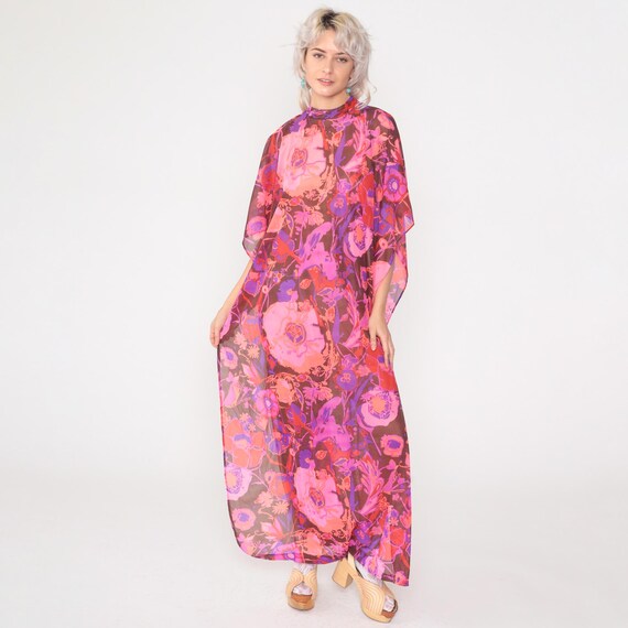 Vintage Floral Poncho Dress 70s Caftan Maxi Semi Sheer Pink Open Side Boho Overlay Dress 1970s Festival Resort Coverup OS Small Medium Large