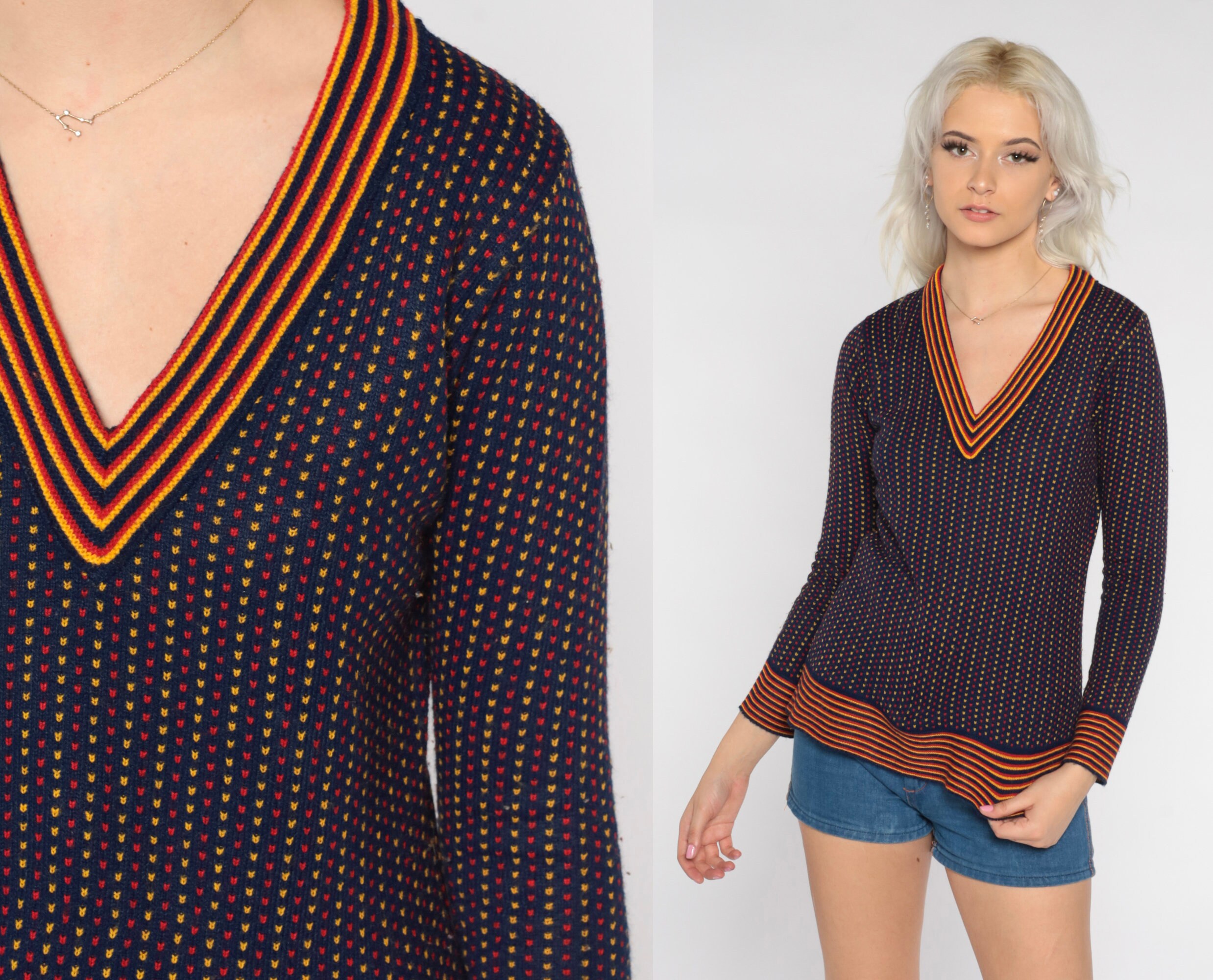 V Neck Sweater 70s Navy Blue Knit 