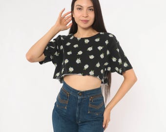 Daisy Print Crop Top 90s Black Floral Tee White Flower Cotton Short Sleeve Cropped Shirt Boxy Fit Summer Grunge Lizsport Vintage Small S