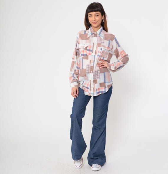 Patchwork Fabric Swatch Print 70s Button Up Shirt… - image 3