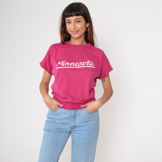 Vintage Minnesota Shirt 80s Bright Pink T Shirt Slouchy Graphic Print 1980s Collegiate Pacific Short Sleeve Destination Crewneck Small