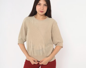 80s Butterfly Beige Mesh Knit Top Open Weave Cotton Blouse Dolman Batwing Crew Neck Tan Ribbed Waist Neutral Minimalist Stephanie Medium M