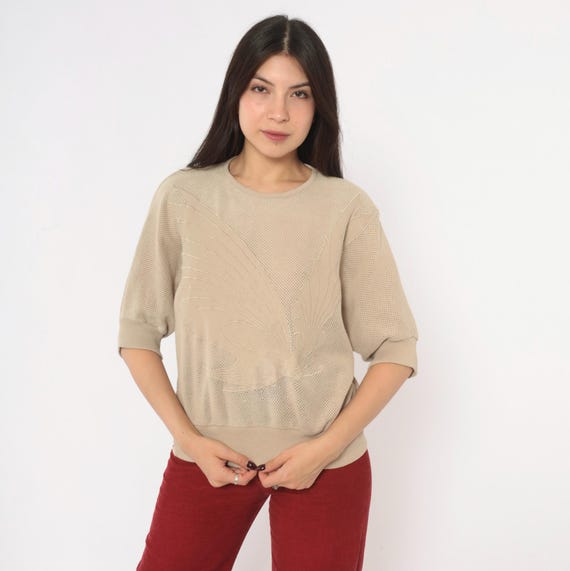 80s Butterfly Beige Mesh Knit Top Open Weave Cotton Blouse Dolman Batwing Crew Neck Tan Ribbed Waist Neutral Minimalist Stephanie Medium M