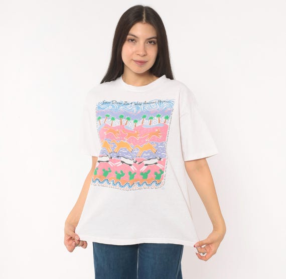 San Diego Zoo Tee 90s Desert Animal Print Graphic White Cotton Crew Neck Short Sleeve Souvenir Wildlife Colorful T Shirt Vintage Large L