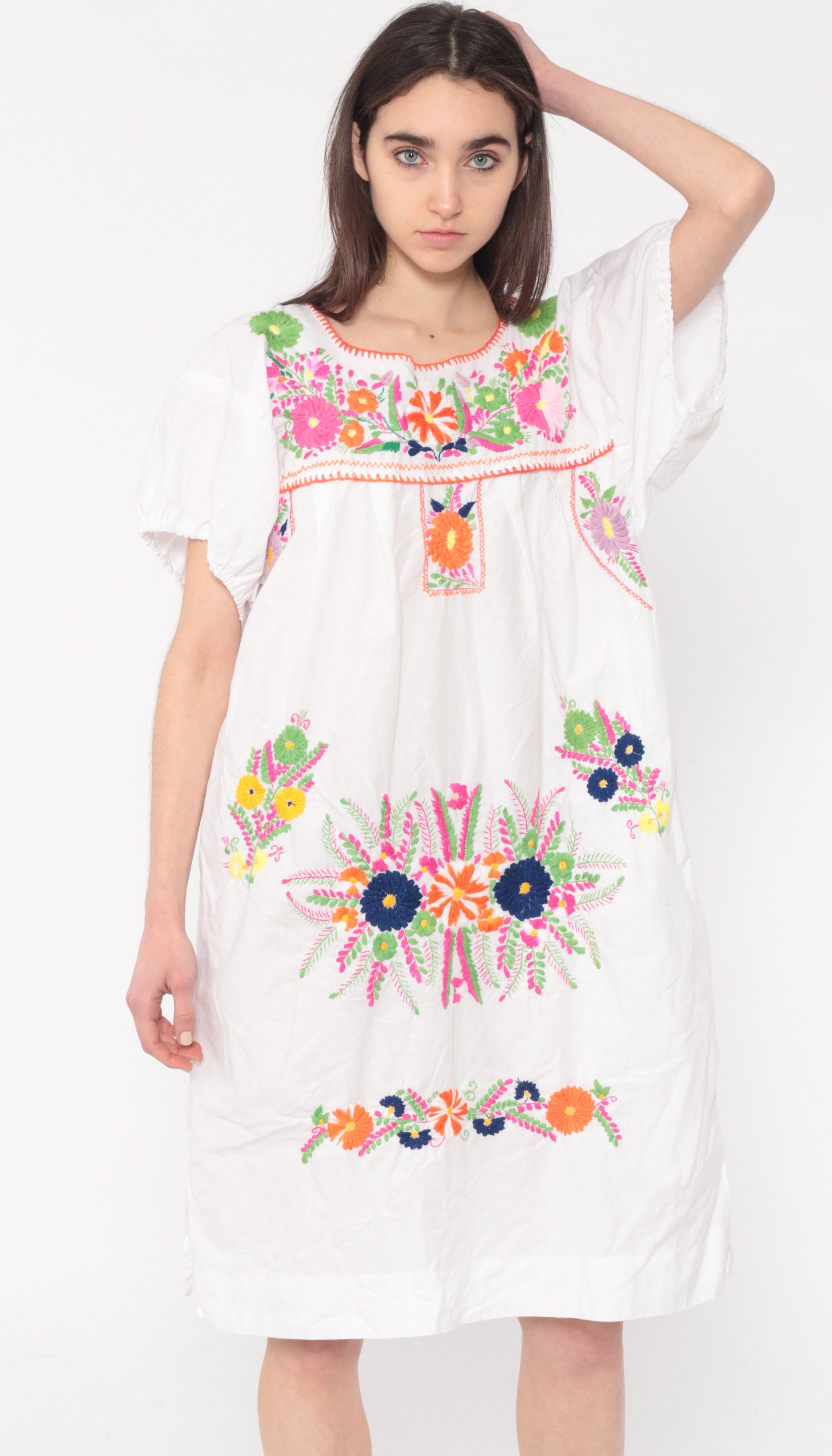 Floral Mexican Dress EMBROIDERED Midi Hippie Boho Ethnic White Tent ...