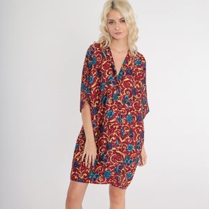 Burgundy Floral Robe 90s Short Kimono Mini Lingerie Jacket Baroque Flower Print Dressing Gown House Coat Wrap Vintage 1990s Medium M