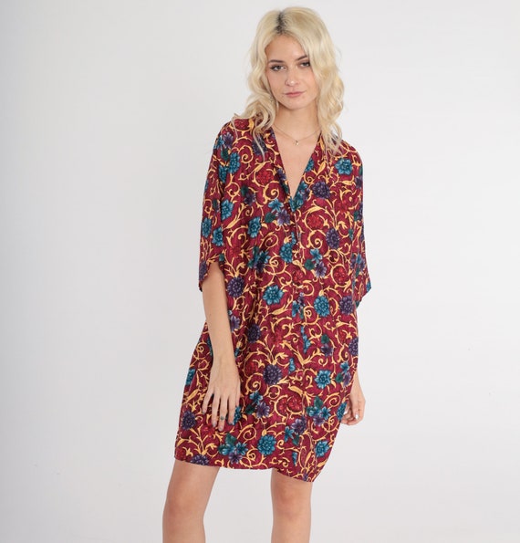 Burgundy Floral Robe 90s Short Kimono Mini Lingerie Jacket Baroque Flower Print Dressing Gown House Coat Wrap Vintage 1990s Medium M