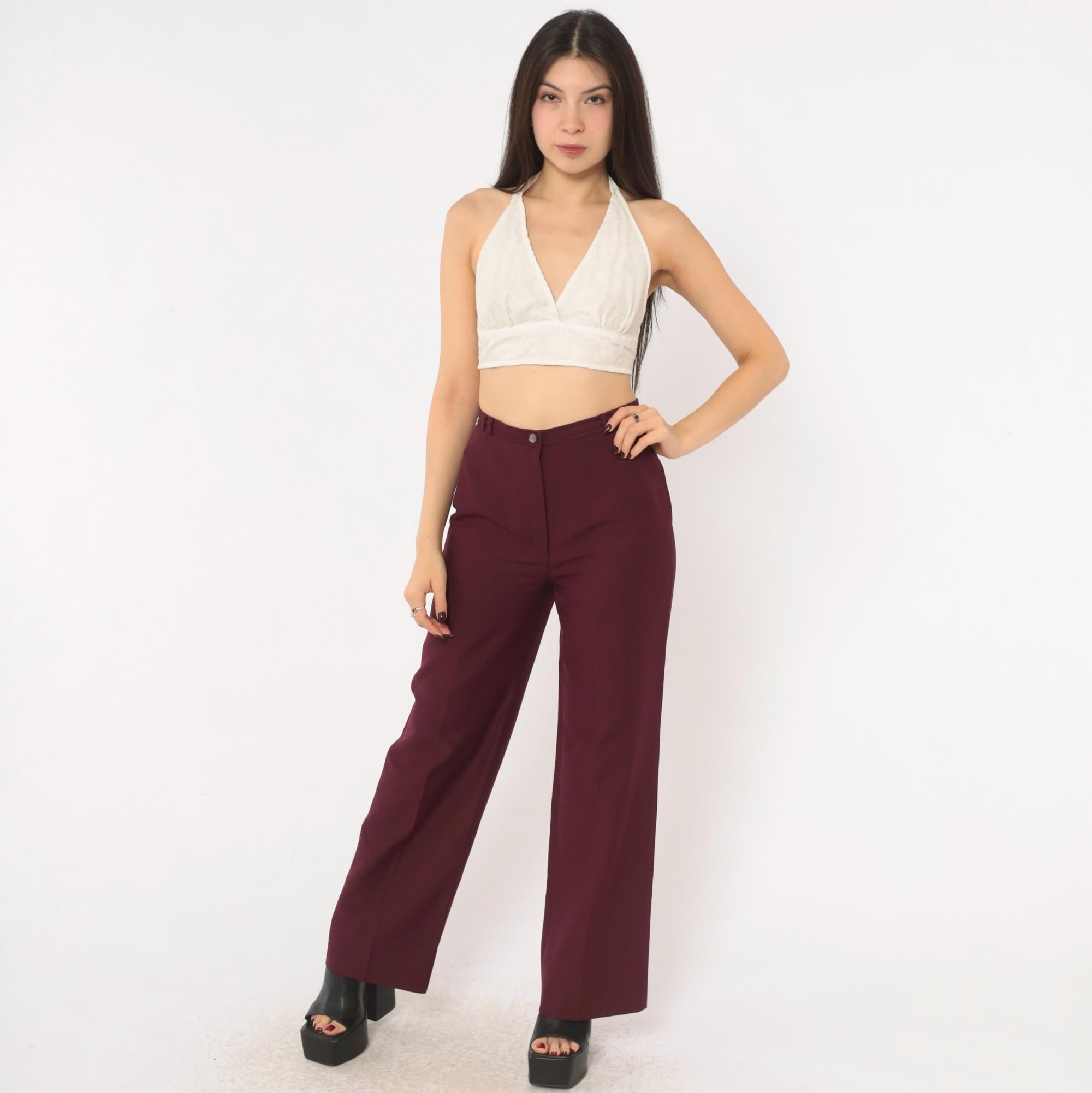 70s Burgundy Wide Leg Trousers High Waist Wine Pants Red Maroon